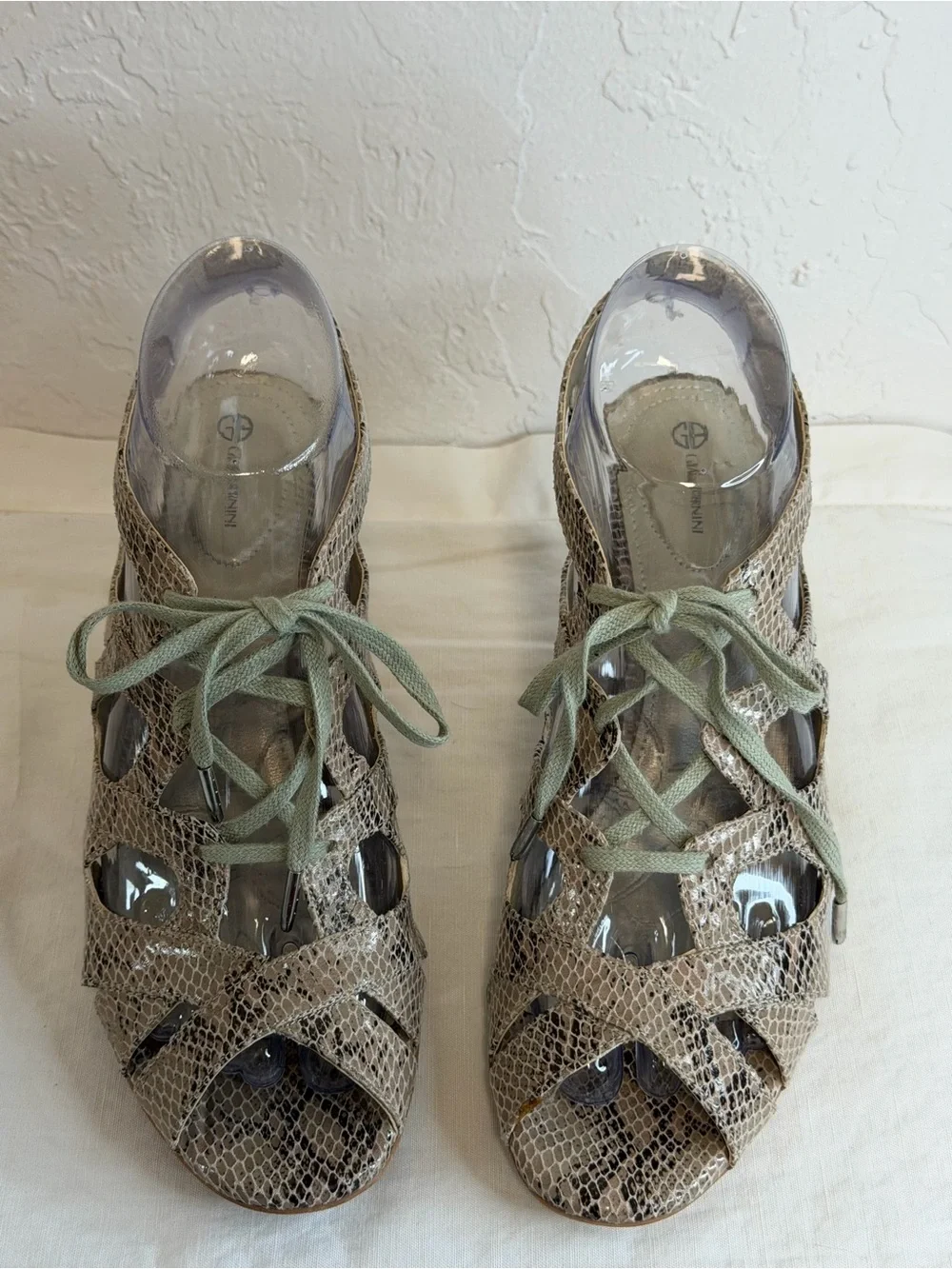 Giani Bernini Taupe Snake-Print Lace-Up Wedge Sandals
